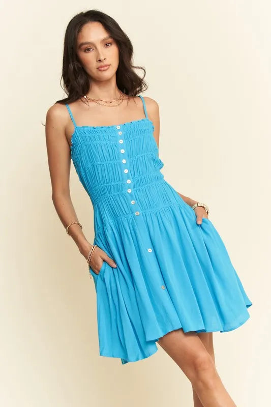 Smocking Bodice Sleeveless Button Down Mini Dress in Azure - product view 3
