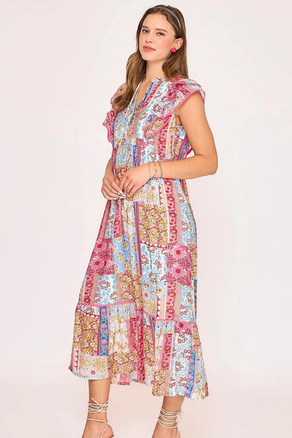 Full Size Tie Neck Double Layered Ruffle Sleeve Midi Dress Plus Size in Pink Mix - product view 2