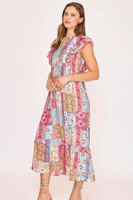 Full Size Tie Neck Double Layered Ruffle Sleeve Midi Dress Plus Size in Pink Mix - product view 2