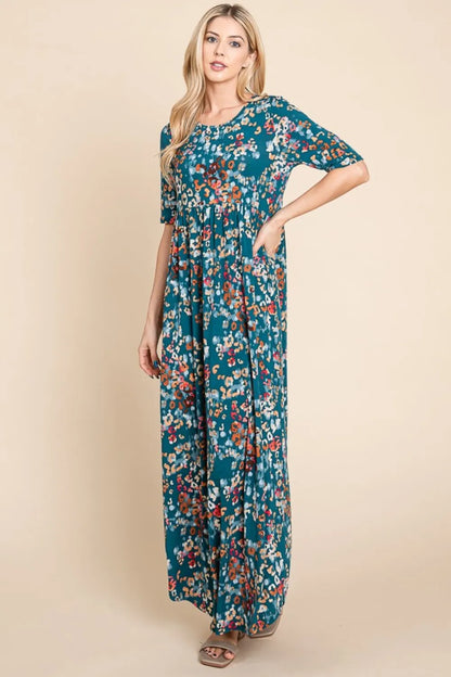 Printed Shirred Maxi Dress - Teal - product view 1