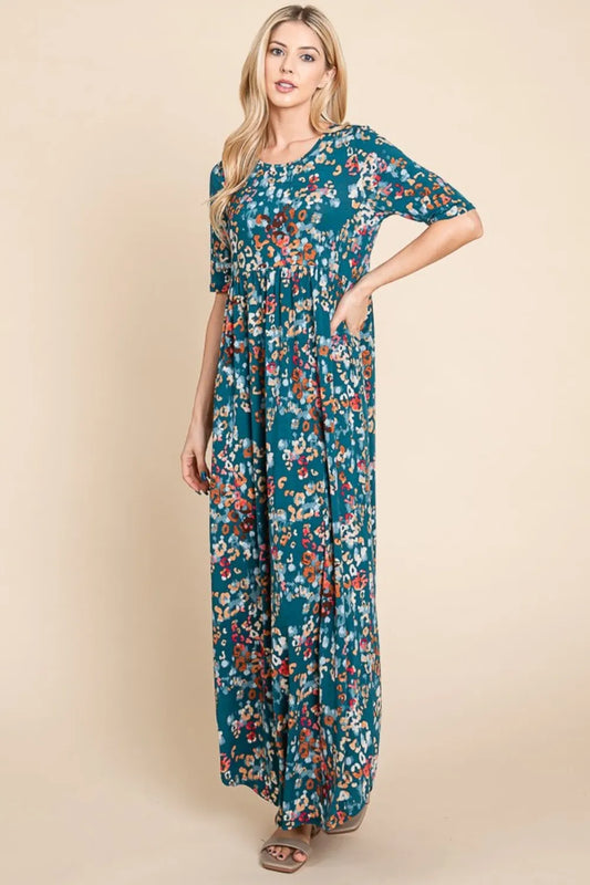 Printed Shirred Maxi Dress - Teal - product view 1