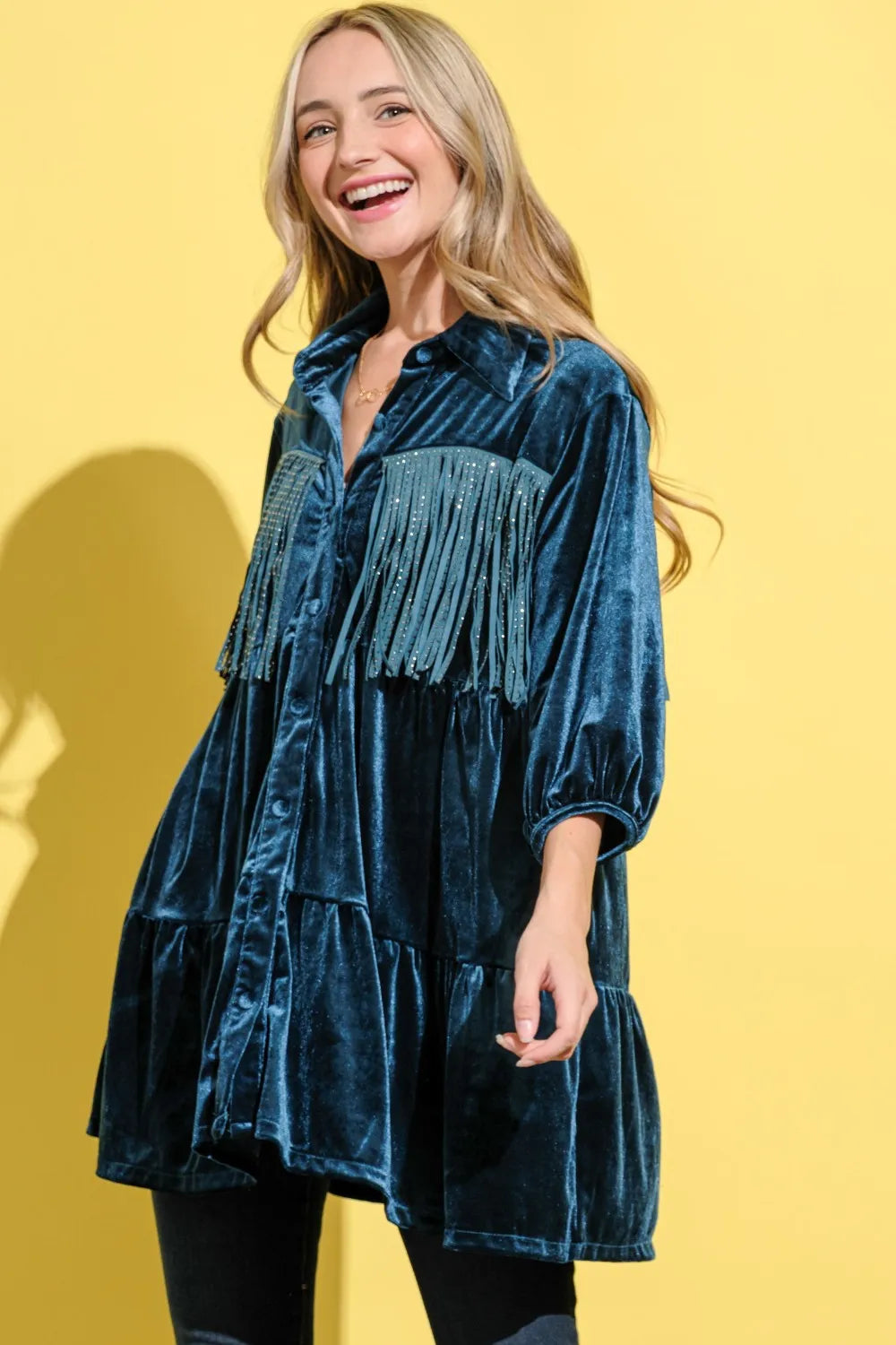 Fringe Detailed Velvet Shirt Dress in Teal - product view 3