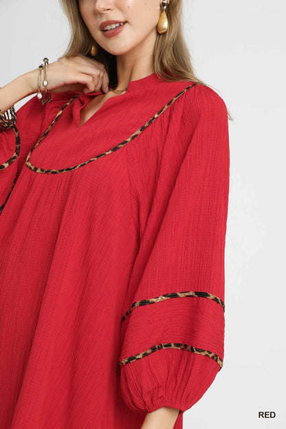 Textured Babydoll Dress with Leopard Trim - Red - product view 5