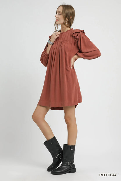 Linen Ruffle Shoulder Pleated Babydoll Dress - Red Clay - product view 4