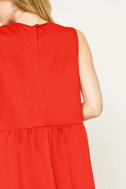 Round Neck Sleeveless Tank Dress with Pockets - Red - product view 3
