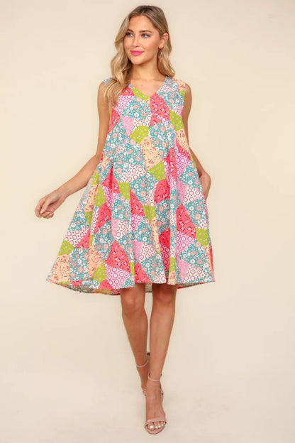 Full Size Babydoll Floral Patchwork Dress with Side Pockets in Peach/Sage - product view 3