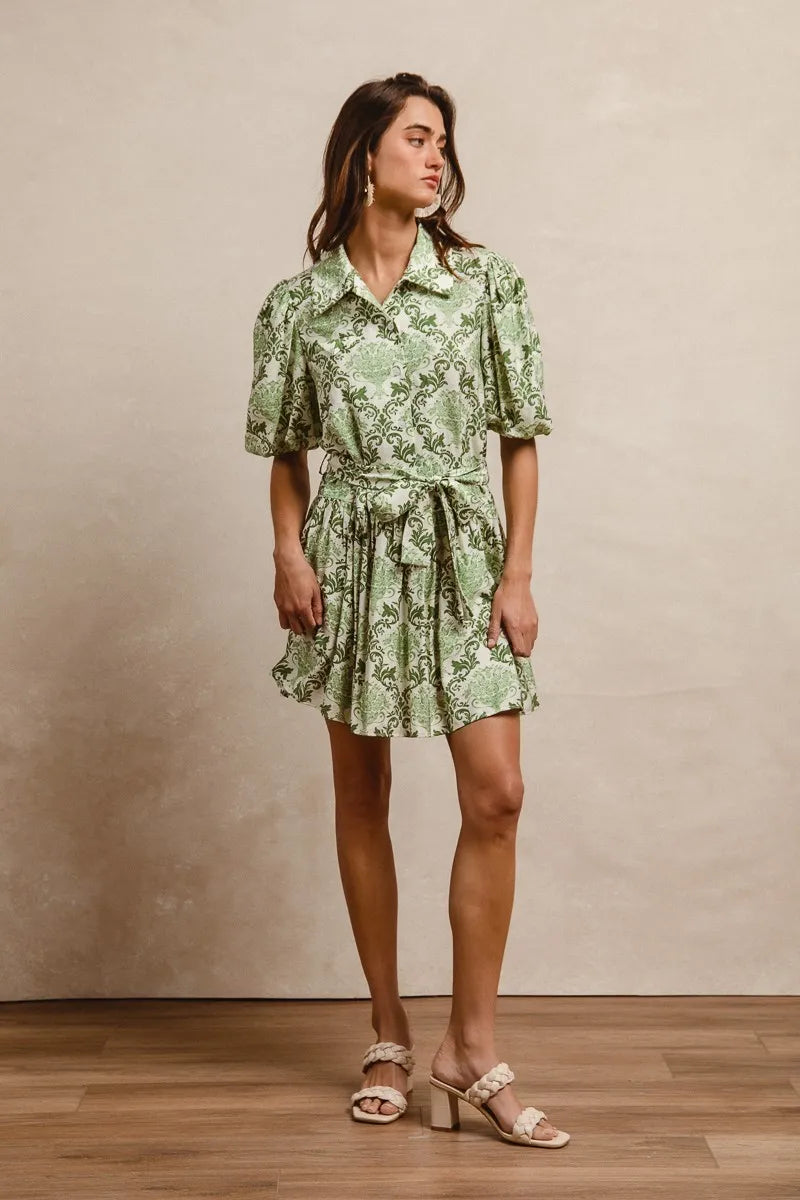 Tied Floral Short Sleeve Mini Shirt Dress in Green/Cream - product view 9