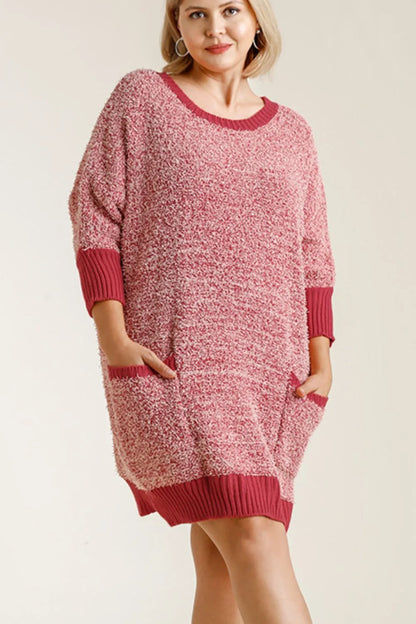 Full Size Ribbed Hem Round Neck 3/4 Sleeve Sweater Dress with Pockets Plus Size - Scarlet - product view 3