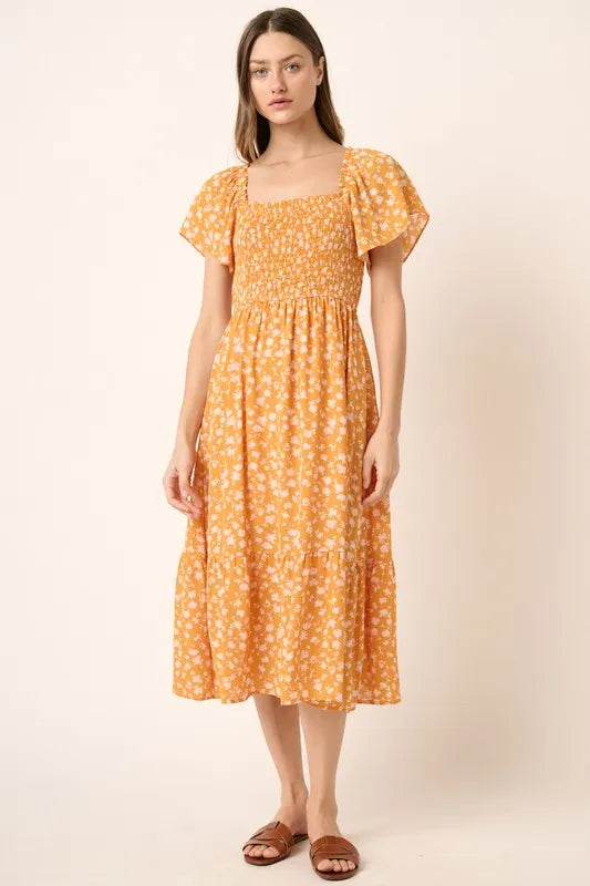 Flower Print Flutter Sleeve Smocked Midi Dress in Gold - product view 4