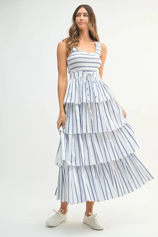 Pin Stripe Smocked Bodice Layered Midi Dress in Off White - product view 1