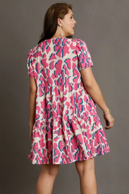 Full Size Abstract Print Pleat Detail Short Sleeve V-Neck Tiered Dress Plus Size in Creammix - product view 5