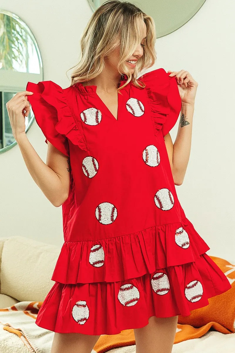 Sequins Baseball Patch Gameday Dress in Red - product view 12
