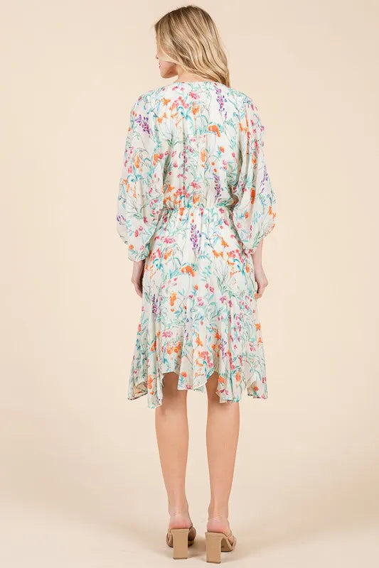 Floral Cinched Waist Balloon Sleeve V-Neck Dress in Ivory Floral - product view 7