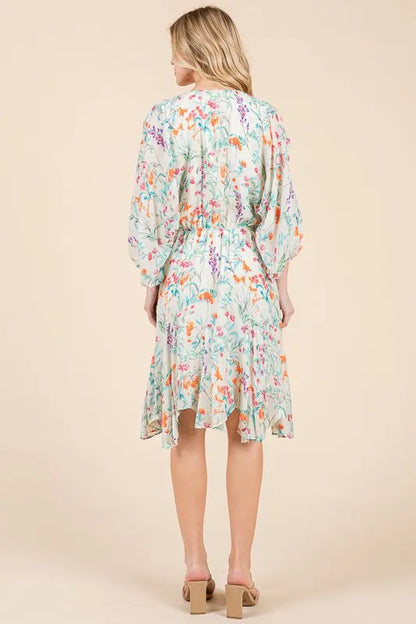 Floral Cinched Waist Balloon Sleeve V-Neck Dress in Ivory Floral - product view 7