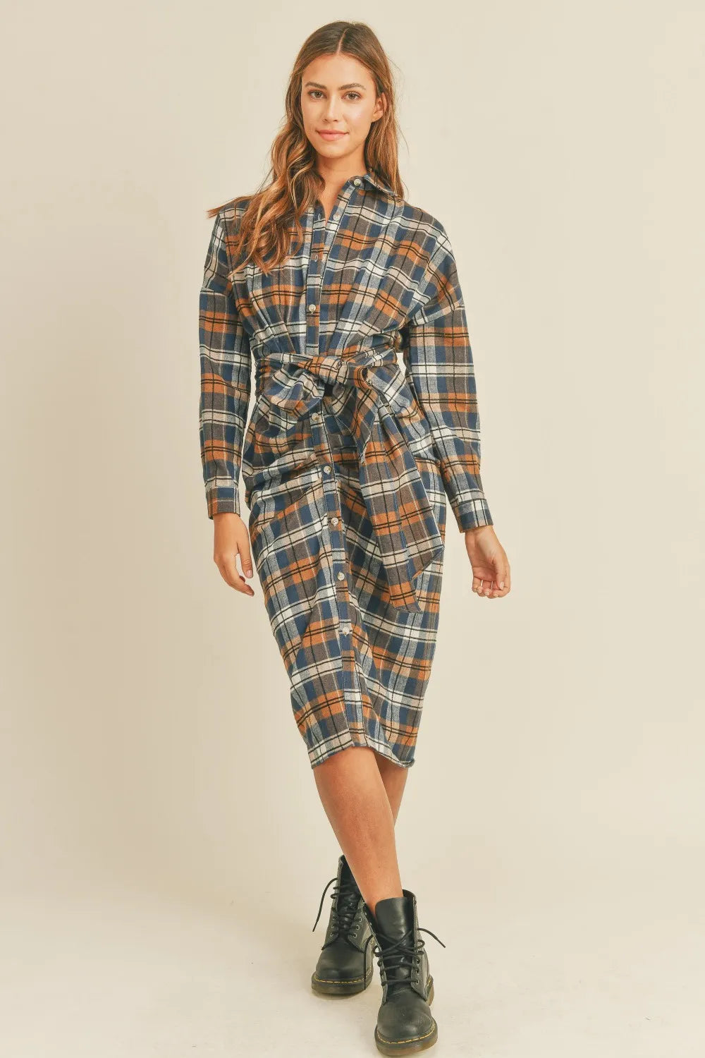Plaid Flannel Front Tie Button Down Shirt Dress in Camel - product view 5