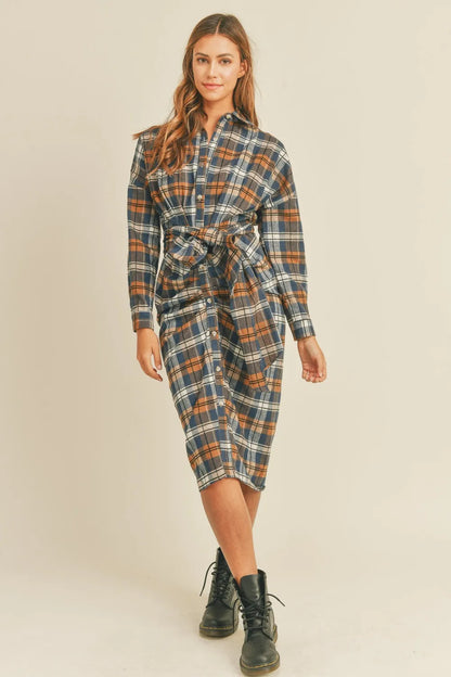 Plaid Flannel Front Tie Button Down Shirt Dress in Camel - product view 5