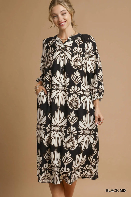 Mix Abstract Floral Print Midi Dress - Black Mix - product view 1