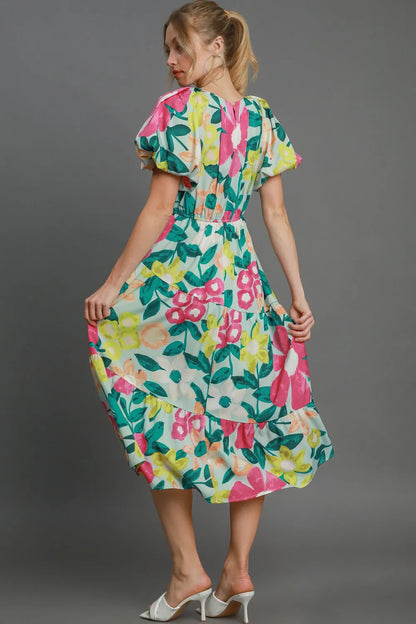 Full Size Tiered Floral Print Notched Puff Sleeve Midi Dress Plus Size - Mintmix - product view 2