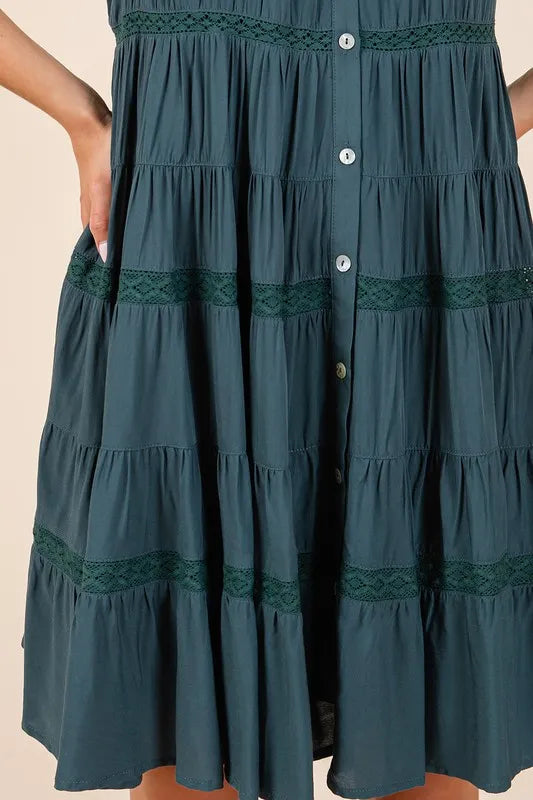 Lace Detail Ruffled Button Down Tiered Dress - Deep Teal - product view 7