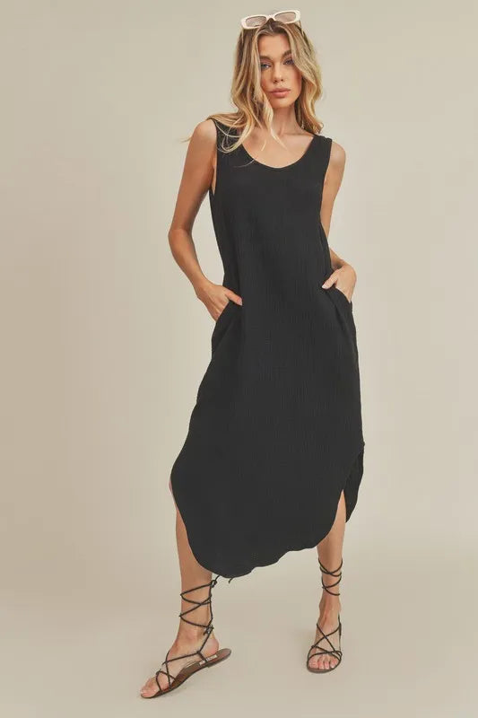 Round Neck Midi Tank Dress with Pockets - Black - product view 1