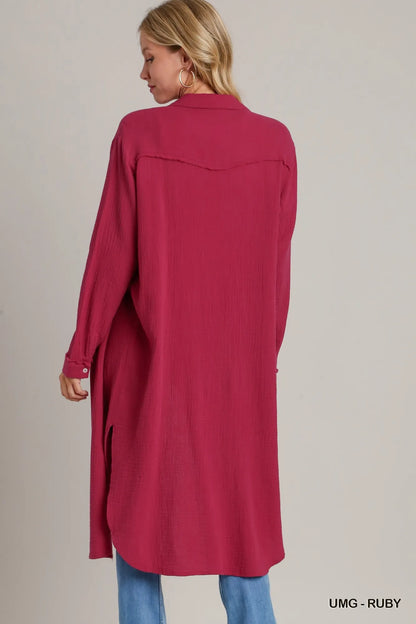 Cotton Gauze Button Down Shirt Dress in Umg-Ruby - product view 3