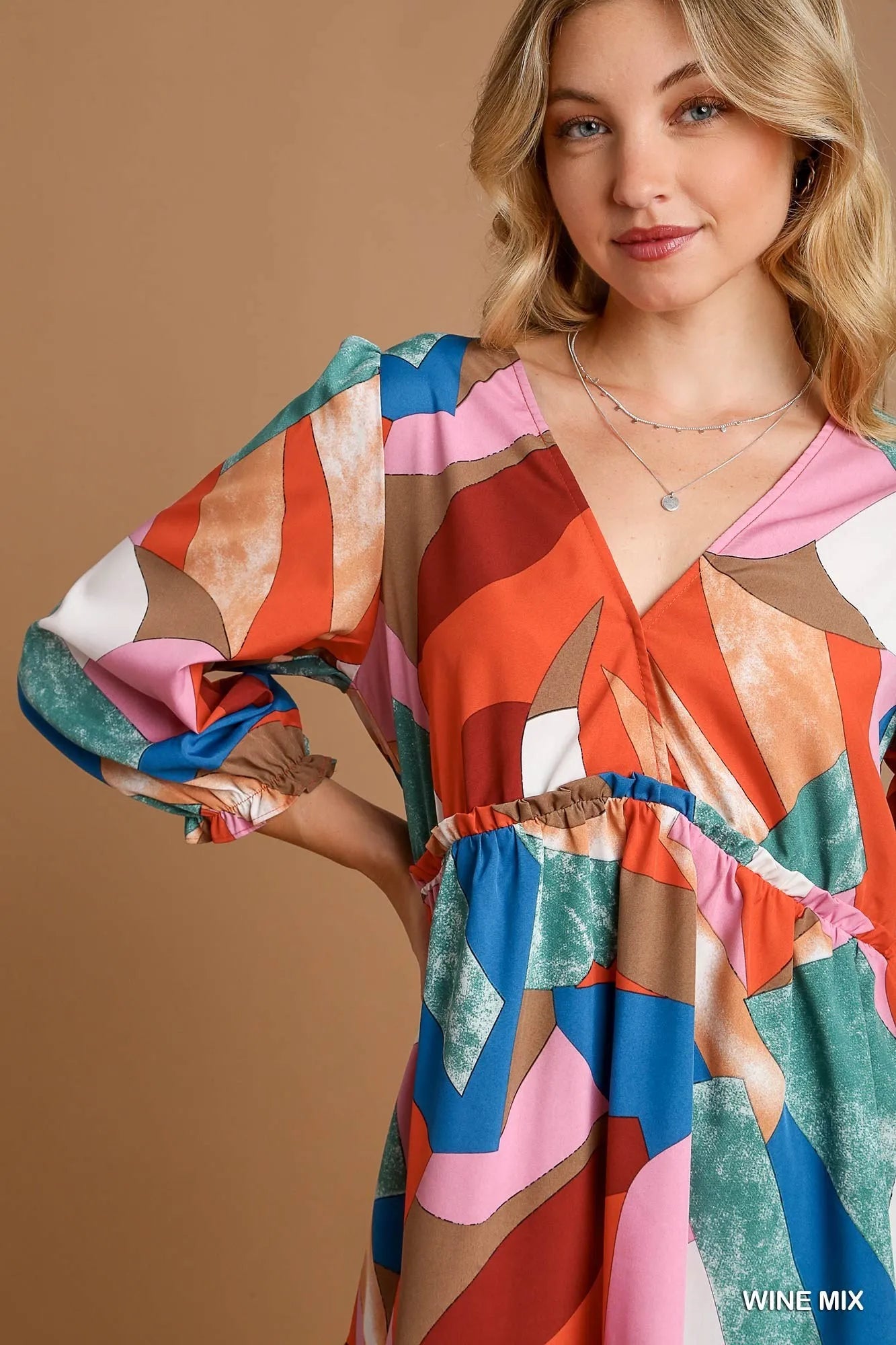 Abstract V-Neck Tiered Printed Dress - Wine Mix - product view 5