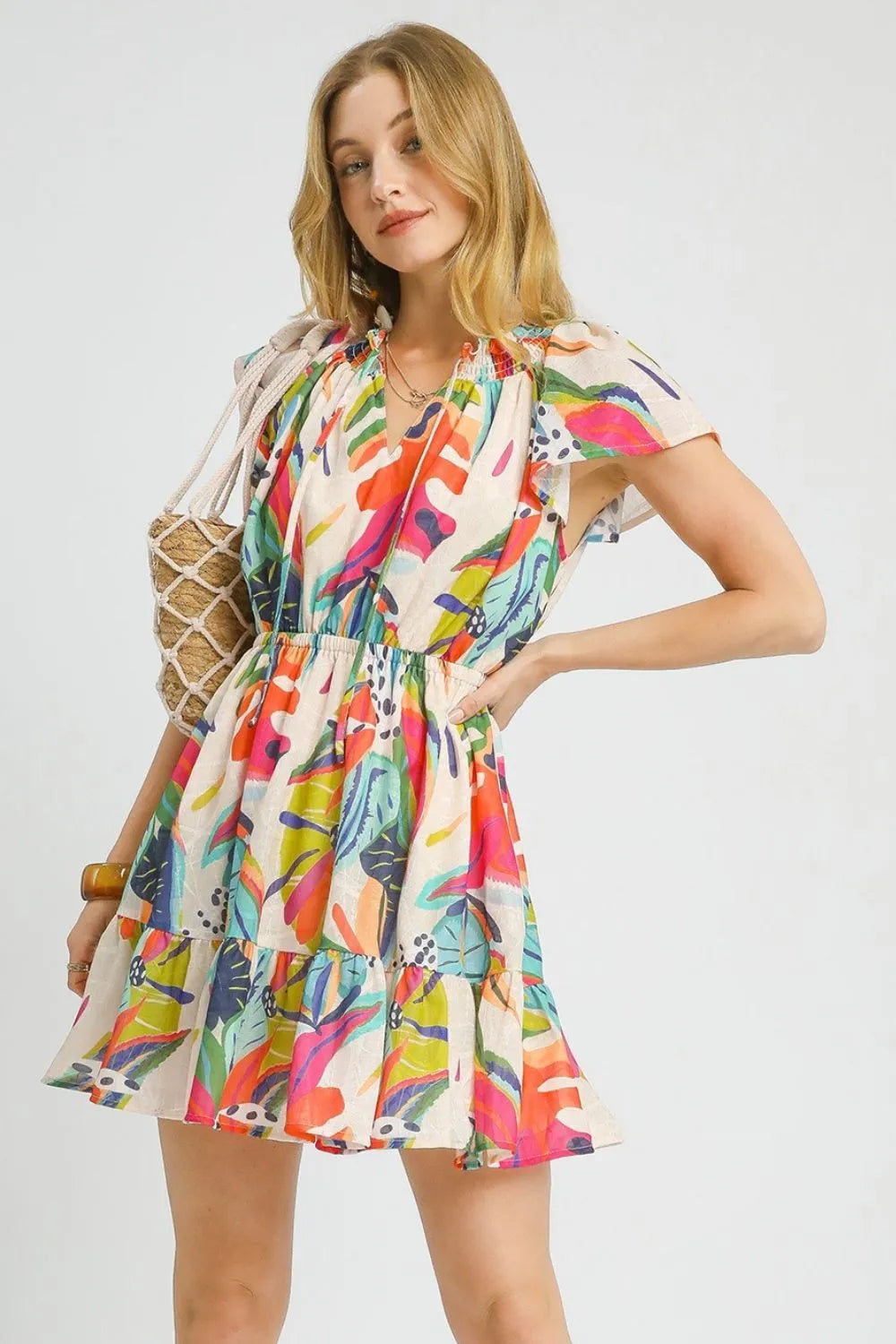 Printed Tie Neck Ruffled Hem Dress in Orange - product view 2