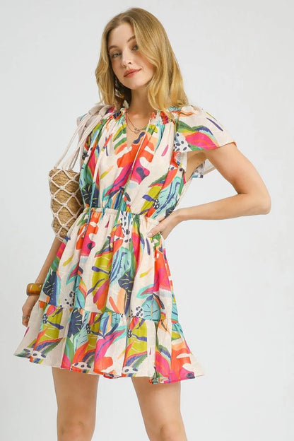 Printed Tie Neck Ruffled Hem Dress in Orange - product view 2