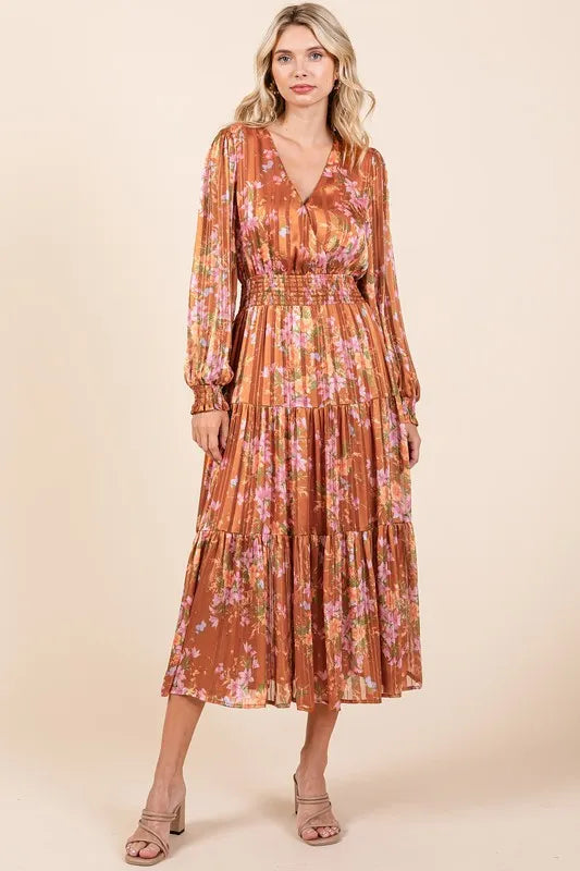 Flower Print Satin Lurex Stripe Smocked Midi Dress in Terracotta - product view 7