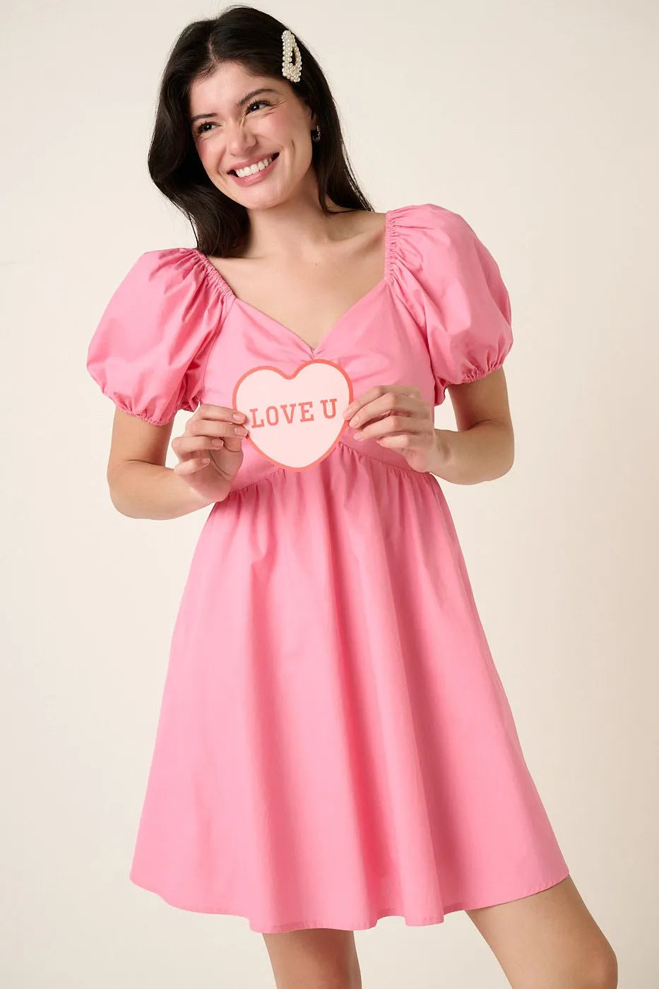 Sweetheart Puff Sleeve Smocked Mini Dress in Pink - product view 6