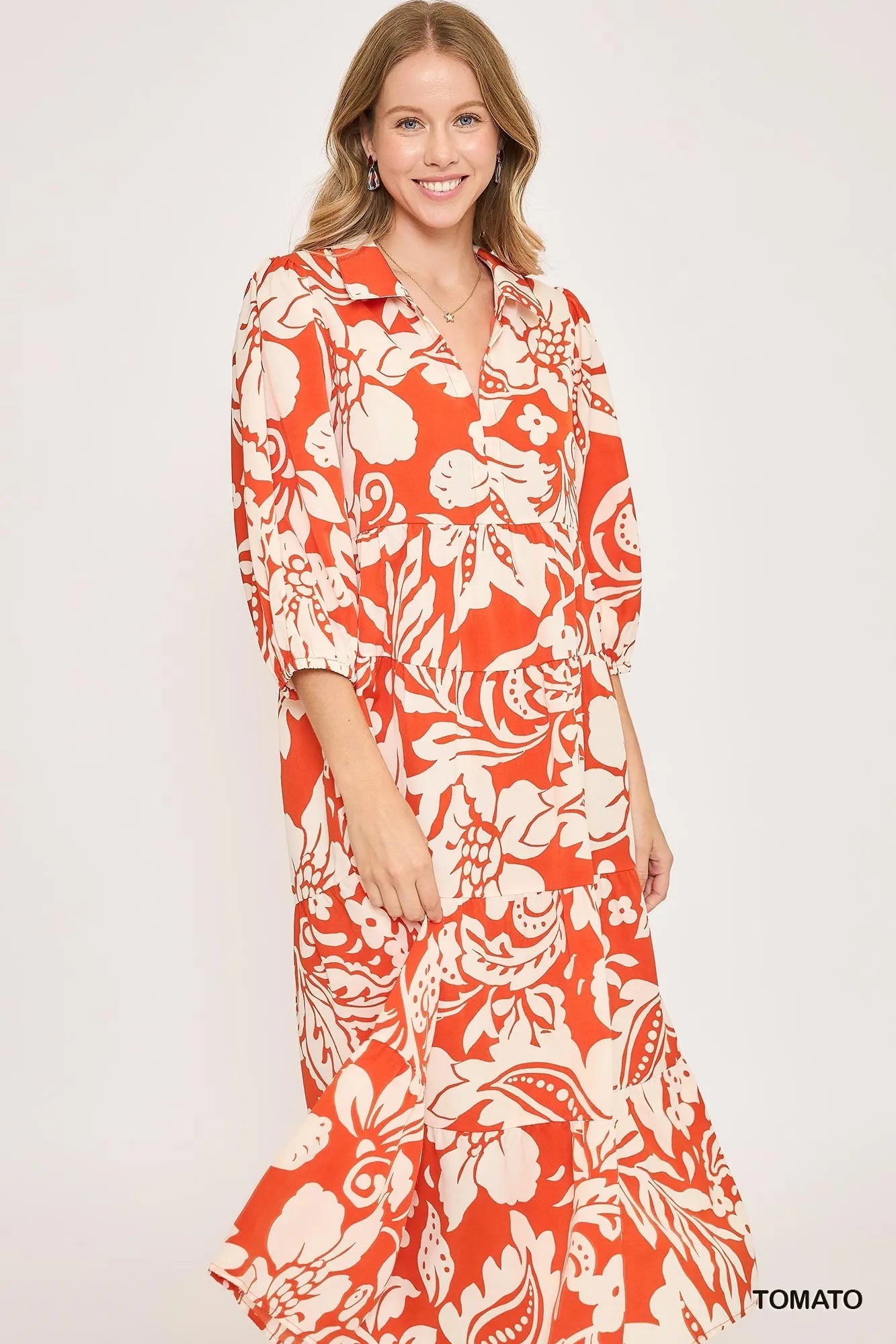 Floral Print Tiered Midi Dress - Tomato - product view 3