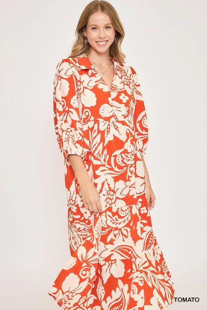 Floral Print Tiered Midi Dress - Tomato - product view 3