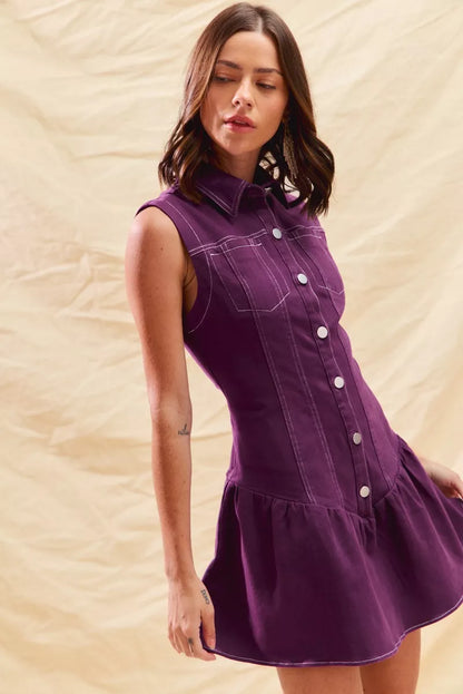 Button Down Sleeveless Collared Game Day Mini Dress - Purple - product view 9