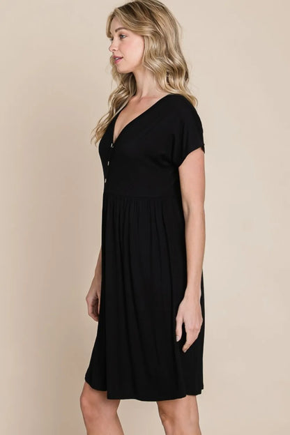 V-Neck Short Sleeve Dress - Black - BOMBOM - product view 2