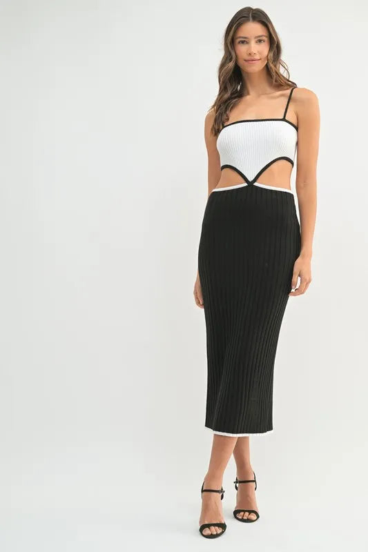 Ribbed Knit Color Block Cutout Midi Dress - Black - product view 5