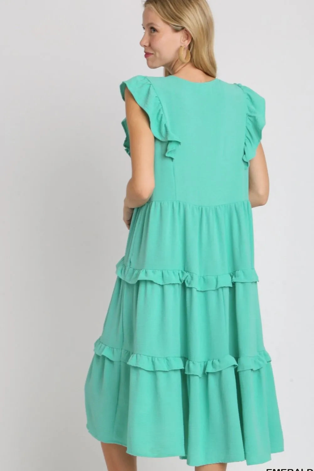 Full Size Ruffle Tiered Cap Sleeve Midi Dress Plus Size in Emerald - product view 3