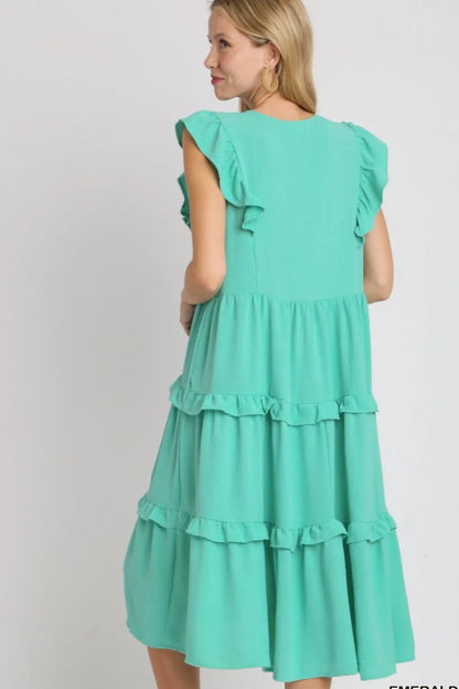Full Size Ruffle Tiered Cap Sleeve Midi Dress Plus Size in Emerald - product view 3