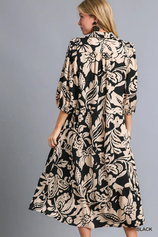 Floral Print Tiered Midi Dress - Black - product view 2