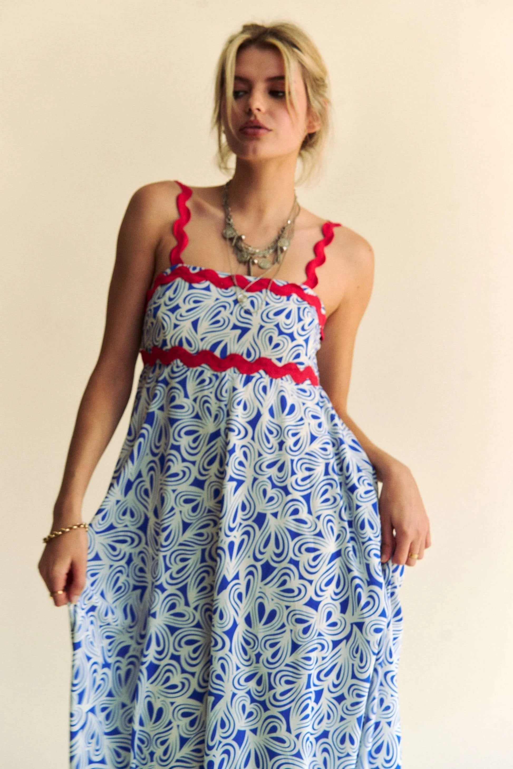 Geo 2 Tone Printed Wavi Trim Tiered Maxi Dress - Cobalt - product view 8