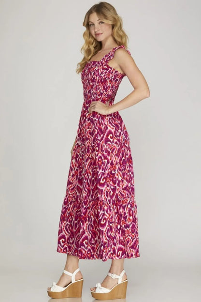 Full Size Smocked Printed Wide Strap Tiered Dress Plus Size - Deep Rose - product view 3