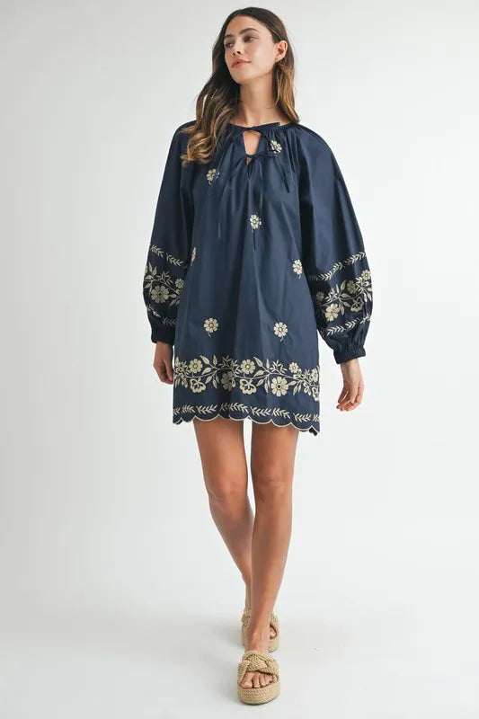 Embroidered Long Sleeve Peasant Mini Dress in Navy - product view 8