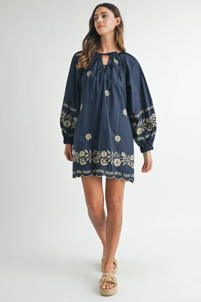 Embroidered Long Sleeve Peasant Mini Dress in Navy - product view 8