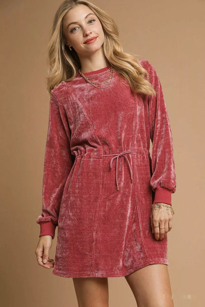 Velour Drawstring Mini Dress with Long Sleeves - Burgundy - product view 1