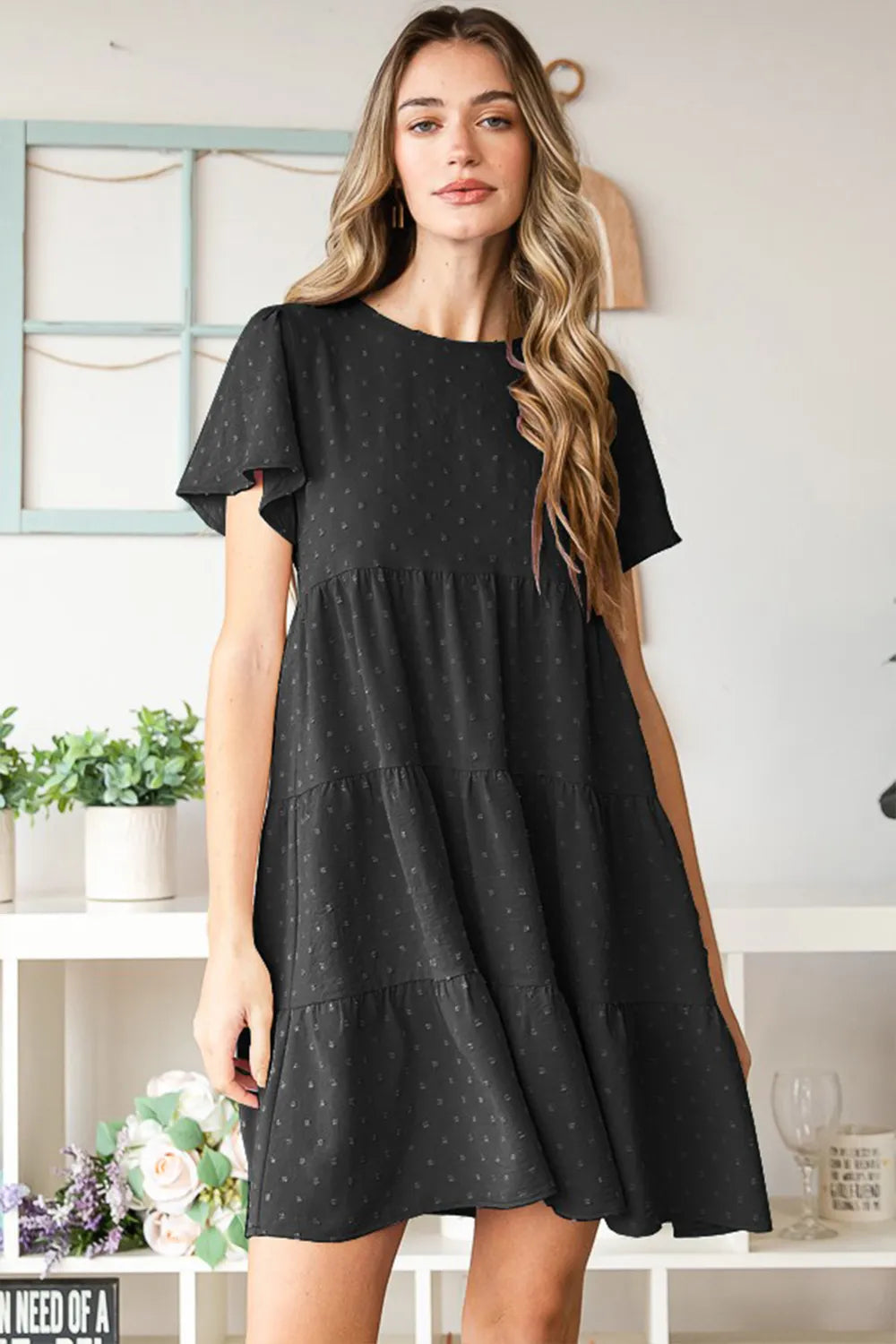 Swiss Dot Short Sleeve Tiered Dress in Black - product view 1
