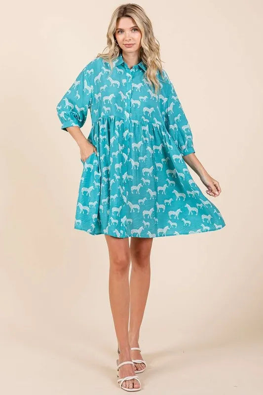 Zebra Print Button Down Shirt Mini Dress - Seagreen - product view 5