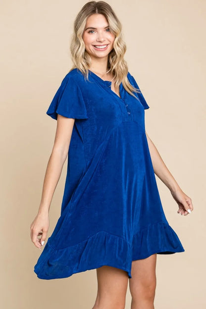 Full Size Short Sleeve Ruffled Asymmetric Hem Dress - Royal - product view 3