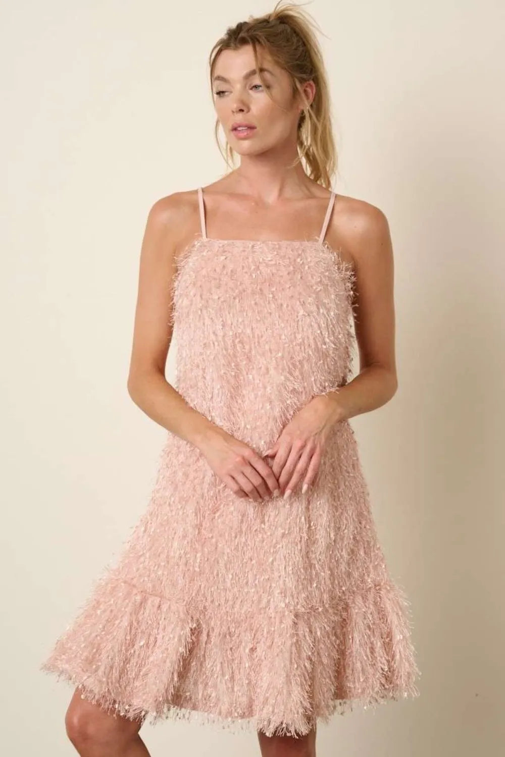 Feather Ruffle Hem Mini Cami Dress - Blush - product view 1