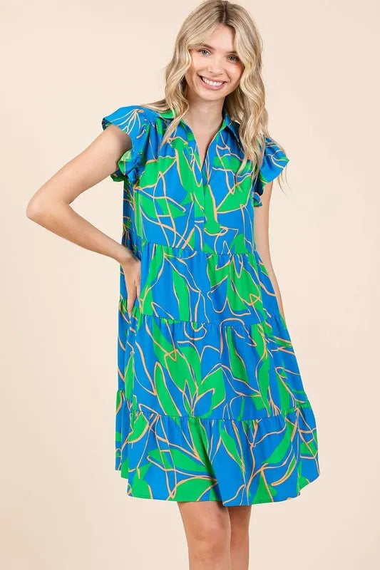 Leaf Print Ruffle Sleeve Tiered Mini Dress - Blue - product view 1