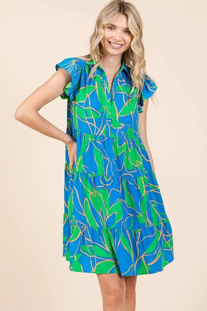 Leaf Print Ruffle Sleeve Tiered Mini Dress - Blue - product view 1