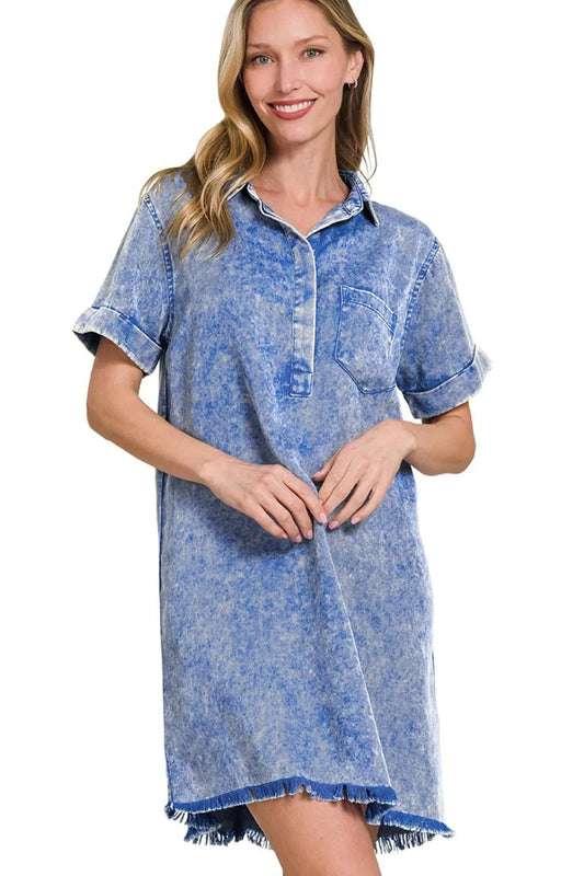 Tencel Mineral Washed Collared Shirts Dress - Classic Blue - product view 2